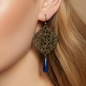 NEW Gold Blue Brass Ornamental Earrings Bohemian Victorian Vintage Whimsigoth